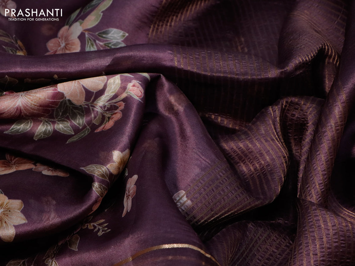 Pure dupion silk saree pastel purple with allover floral prints and long zari woven border