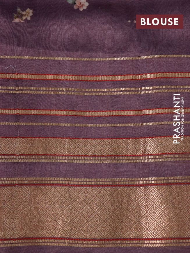 Pure dupion silk saree pastel purple with allover floral prints and long zari woven border