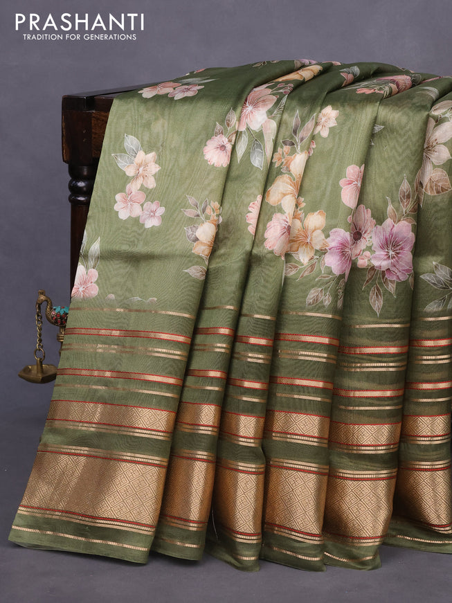 Pure dupion silk saree green shade with allover floral prints and long zari woven border