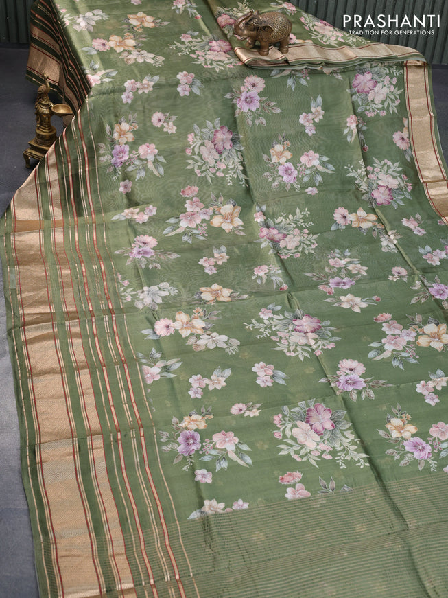 Pure dupion silk saree green shade with allover floral prints and long zari woven border