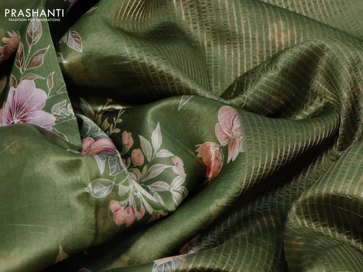 Pure dupion silk saree green shade with allover floral prints and long zari woven border