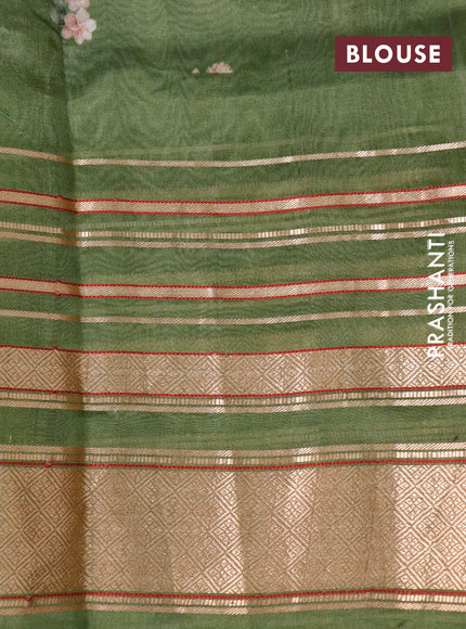 Pure dupion silk saree green shade with allover floral prints and long zari woven border