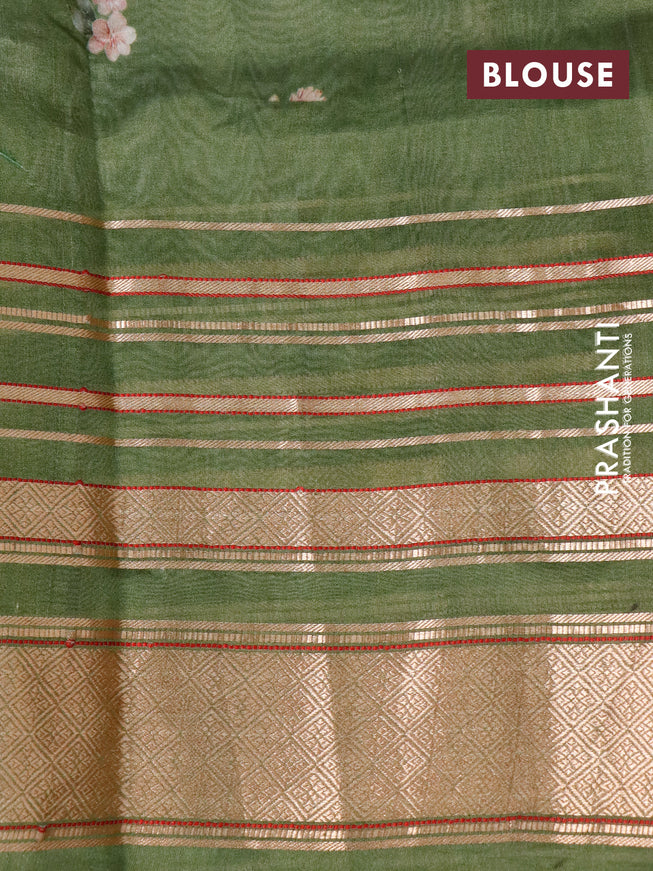 Pure dupion silk saree green shade with allover floral prints and long zari woven border