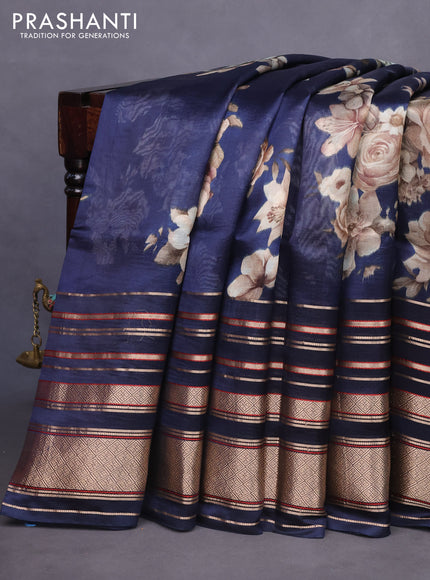 Pure dupion silk saree navy blue with allover floral prints and long zari woven border