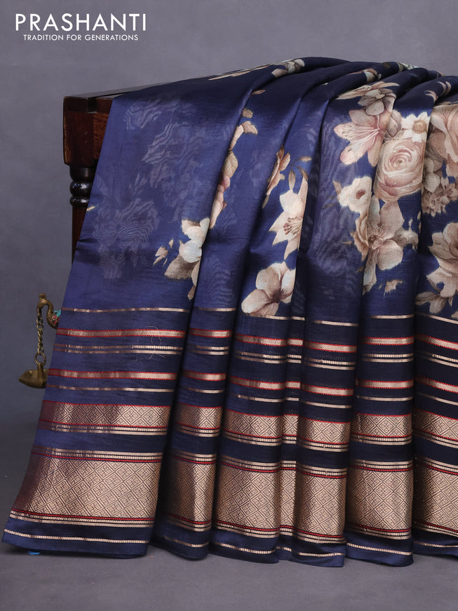 Pure dupion silk saree navy blue with allover floral prints and long zari woven border