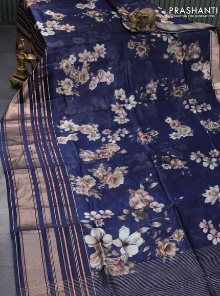 Pure dupion silk saree navy blue with allover floral prints and long zari woven border