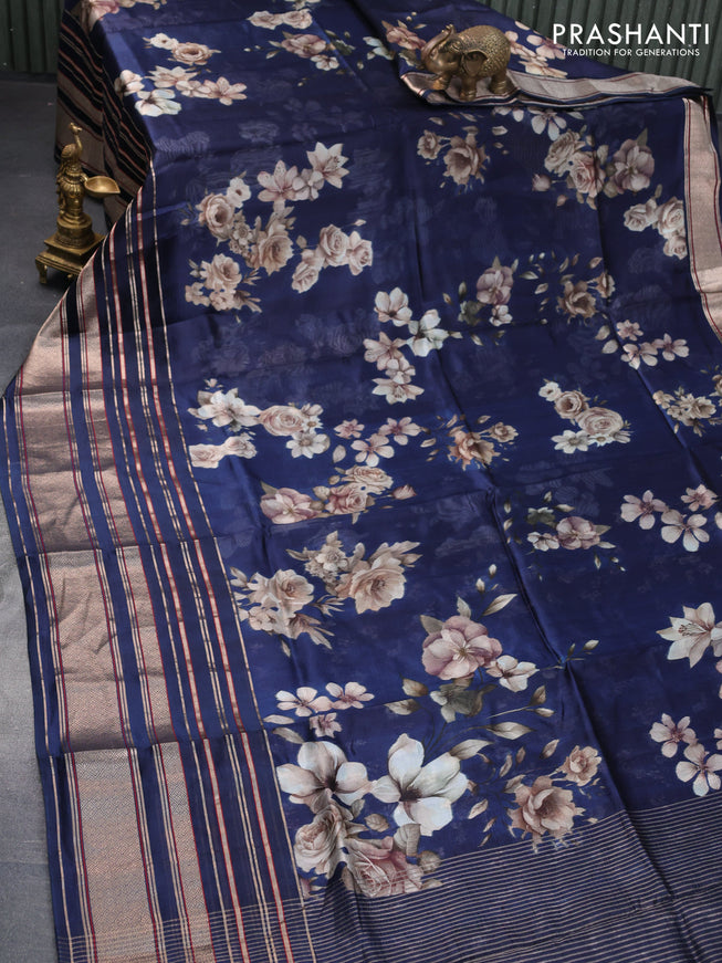 Pure dupion silk saree navy blue with allover floral prints and long zari woven border