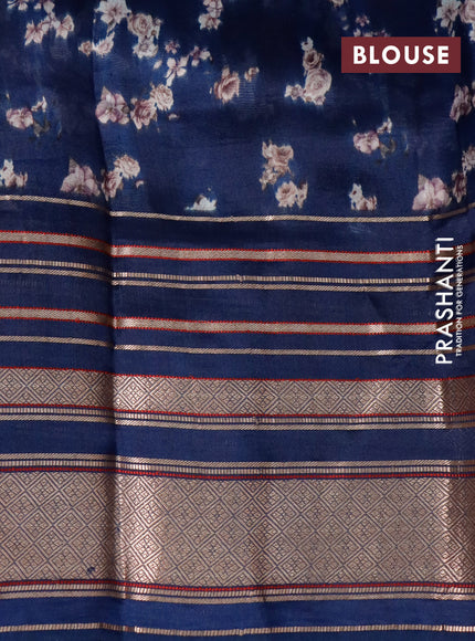 Pure dupion silk saree navy blue with allover floral prints and long zari woven border