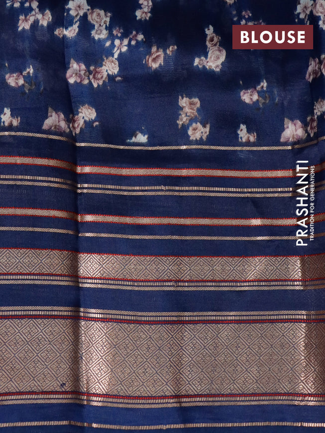 Pure dupion silk saree navy blue with allover floral prints and long zari woven border