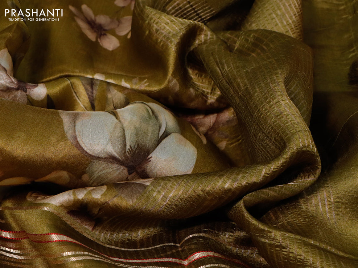 Pure dupion silk saree mehendi green with allover floral prints and long zari woven border