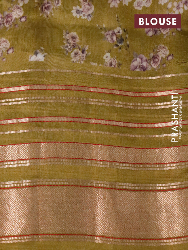 Pure dupion silk saree mehendi green with allover floral prints and long zari woven border