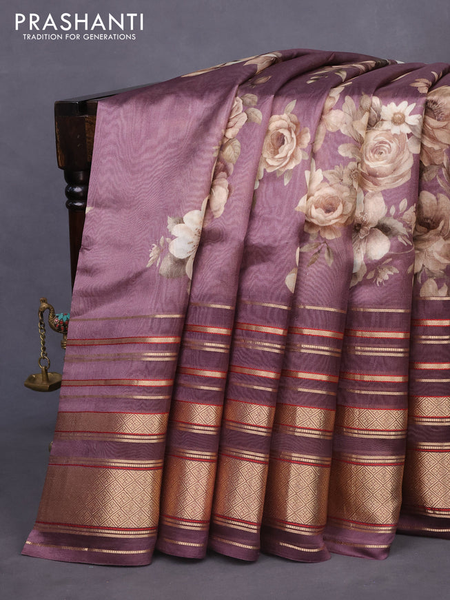 Pure dupion silk saree pastel purple with allover floral prints and long zari woven border