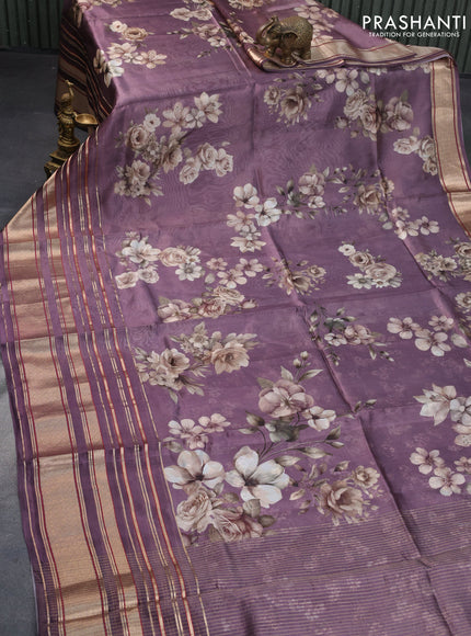 Pure dupion silk saree pastel purple with allover floral prints and long zari woven border