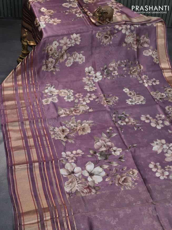 Pure dupion silk saree pastel purple with allover floral prints and long zari woven border