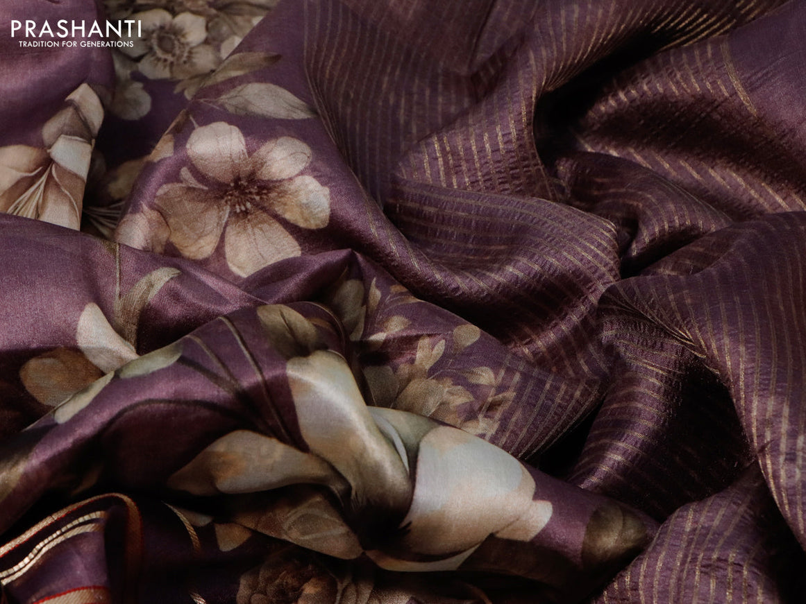 Pure dupion silk saree pastel purple with allover floral prints and long zari woven border