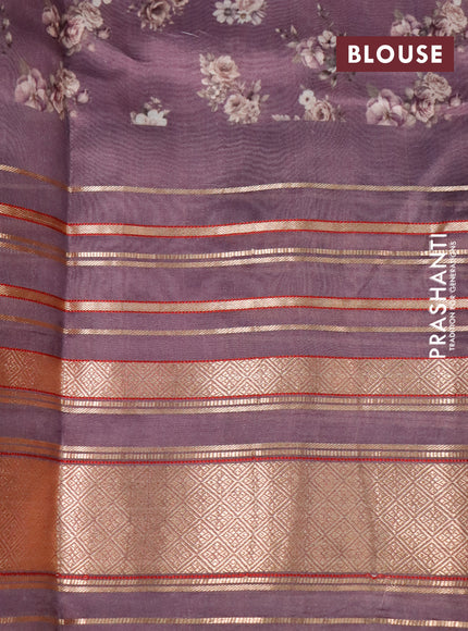 Pure dupion silk saree pastel purple with allover floral prints and long zari woven border