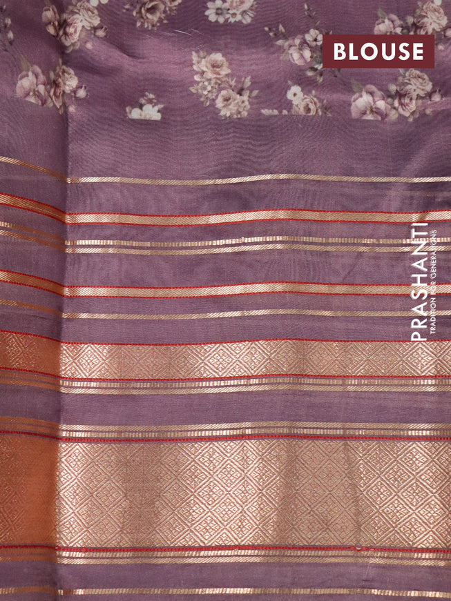 Pure dupion silk saree pastel purple with allover floral prints and long zari woven border