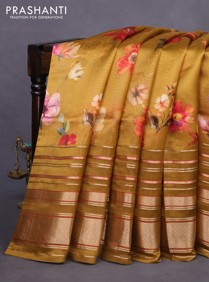 Pure dupion silk saree dark mustard with allover floral prints and long zari woven border