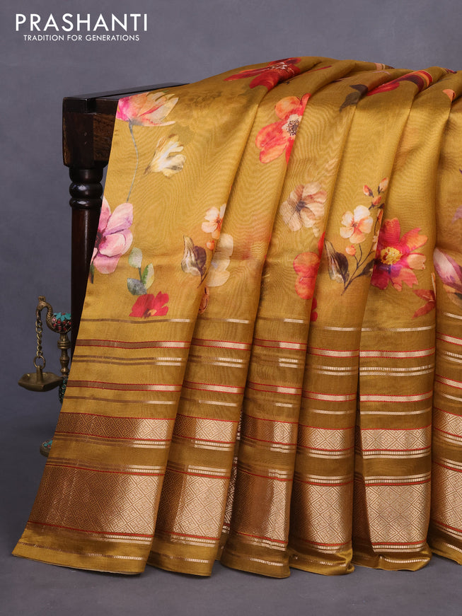 Pure dupion silk saree dark mustard with allover floral prints and long zari woven border