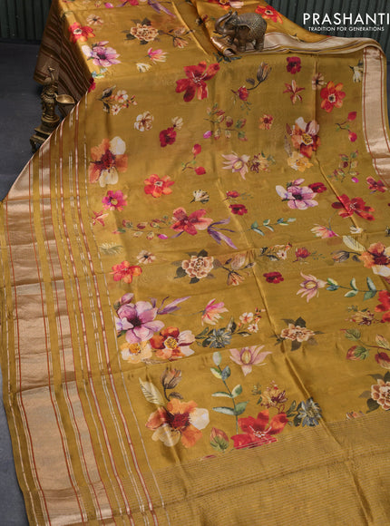 Pure dupion silk saree dark mustard with allover floral prints and long zari woven border