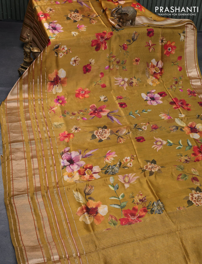 Pure dupion silk saree dark mustard with allover floral prints and long zari woven border