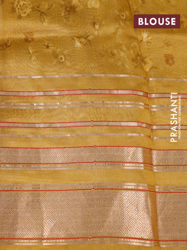 Pure dupion silk saree dark mustard with allover floral prints and long zari woven border