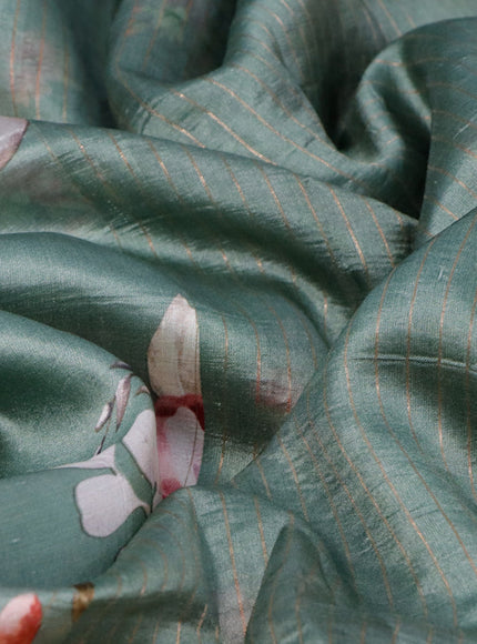 Pure dupion silk saree pastel green with allover floral prints and long zari woven border