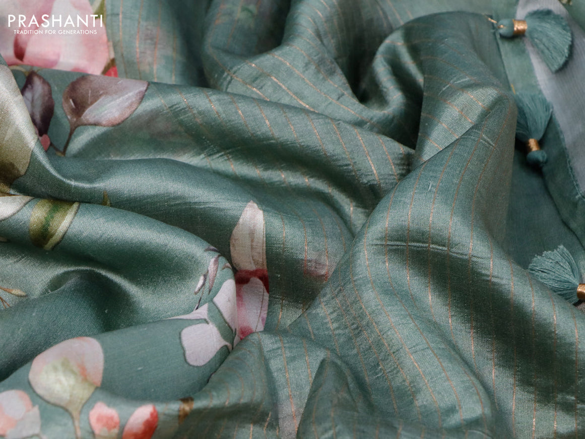 Pure dupion silk saree pastel green with allover floral prints and long zari woven border