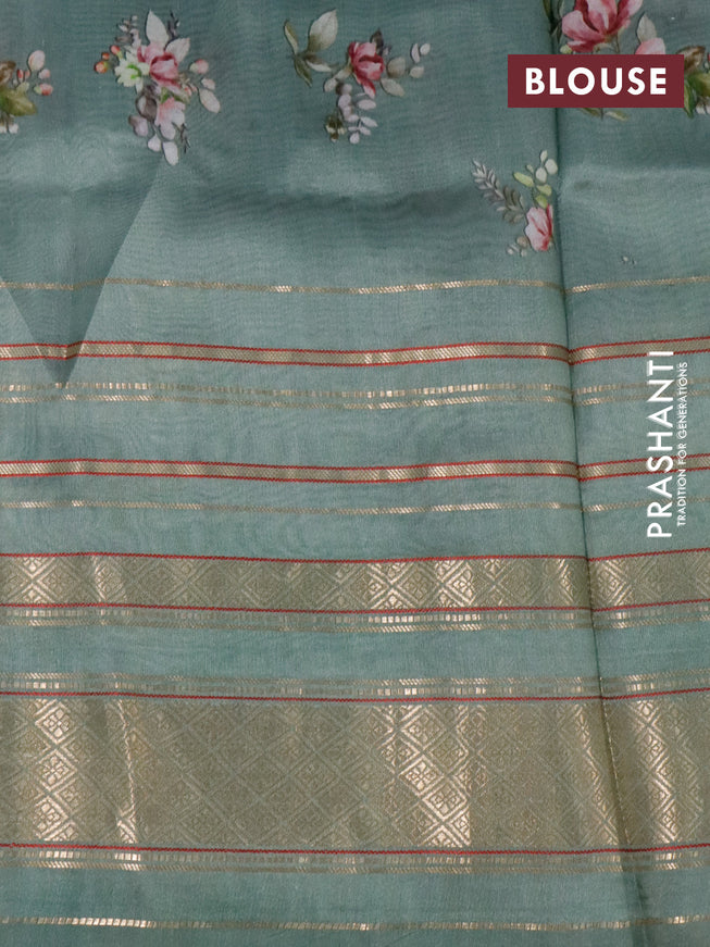 Pure dupion silk saree pastel green with allover floral prints and long zari woven border