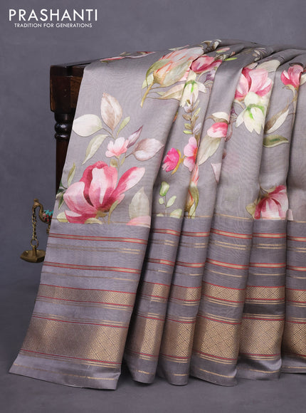 Pure dupion silk saree grey with allover floral prints and long zari woven border