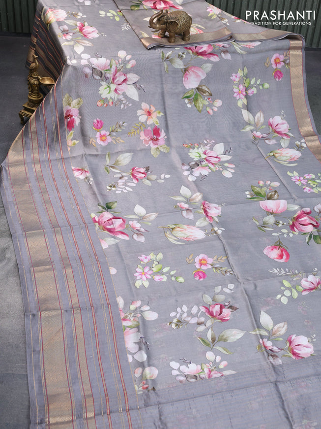 Pure dupion silk saree grey with allover floral prints and long zari woven border