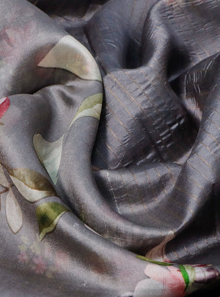 Pure dupion silk saree grey with allover floral prints and long zari woven border