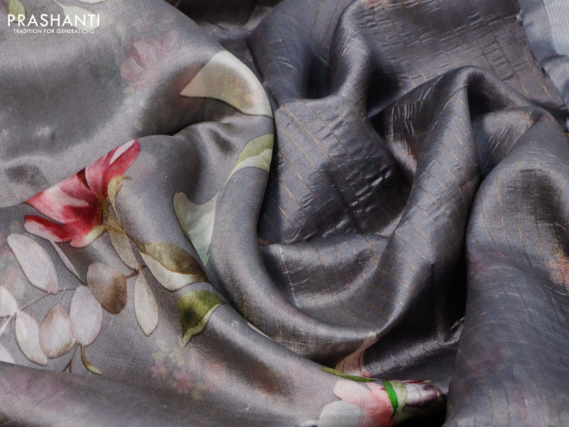 Pure dupion silk saree grey with allover floral prints and long zari woven border