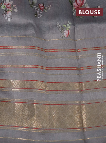 Pure dupion silk saree grey with allover floral prints and long zari woven border