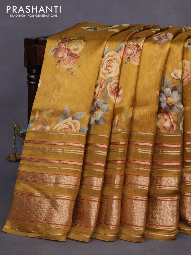 Pure dupion silk saree dark mustard with allover floral prints and long zari woven border