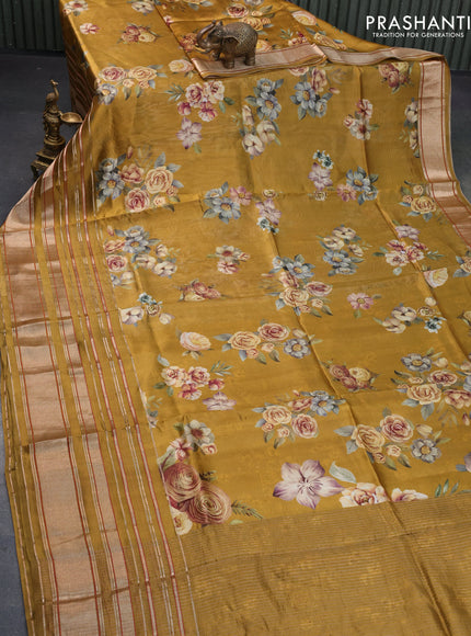 Pure dupion silk saree dark mustard with allover floral prints and long zari woven border