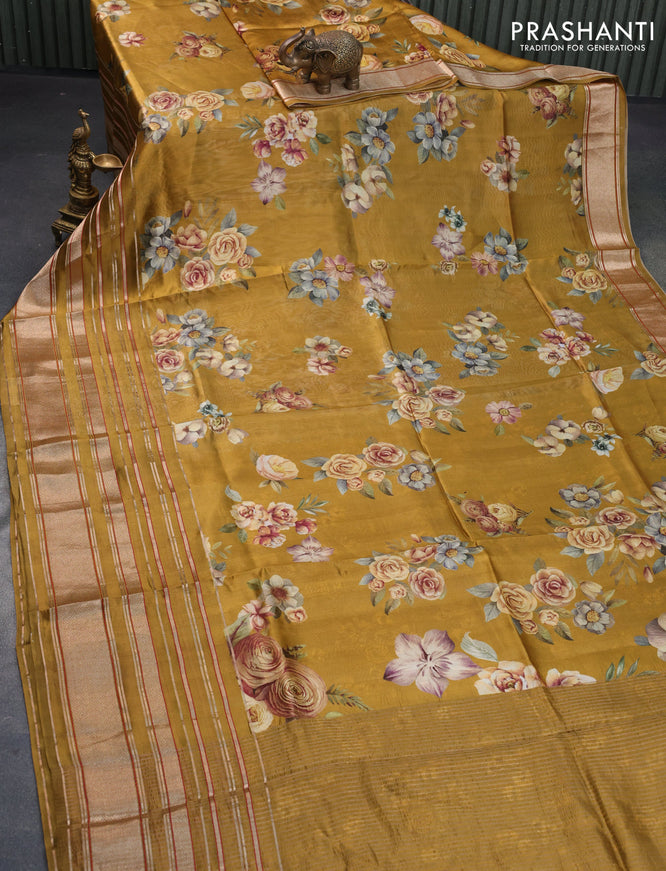 Pure dupion silk saree dark mustard with allover floral prints and long zari woven border