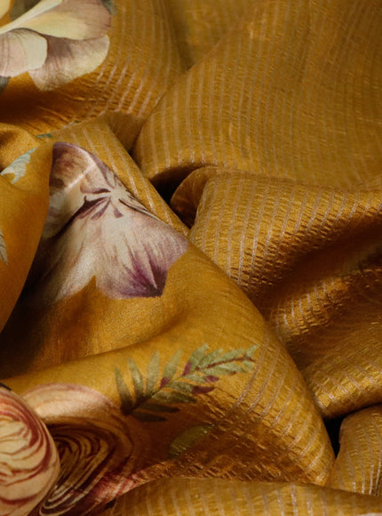 Pure dupion silk saree dark mustard with allover floral prints and long zari woven border