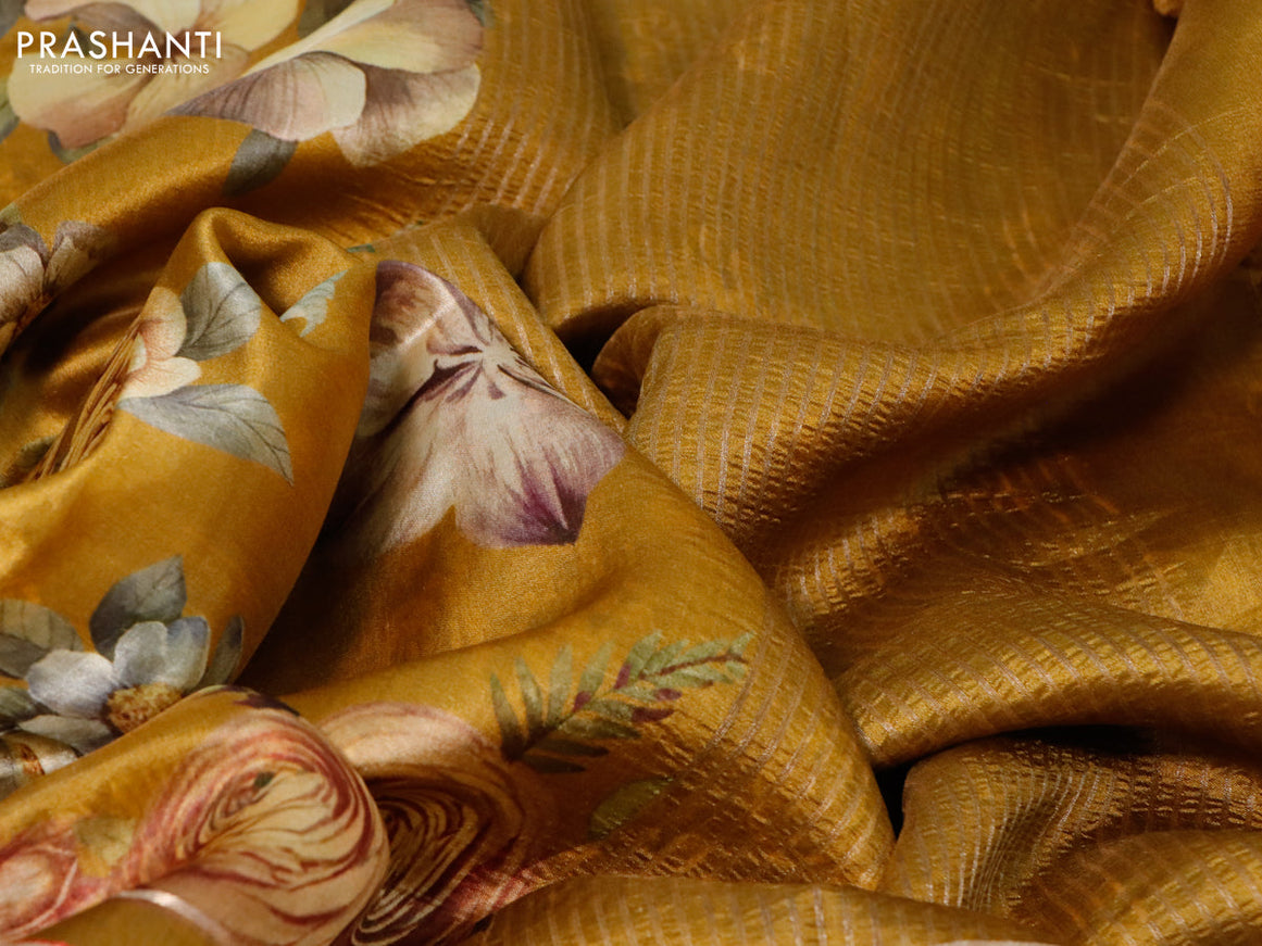 Pure dupion silk saree dark mustard with allover floral prints and long zari woven border