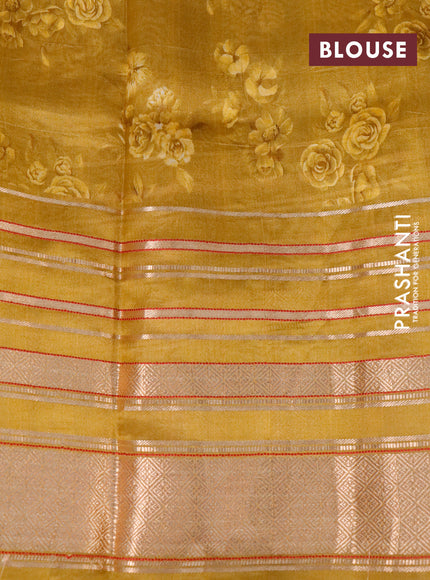 Pure dupion silk saree dark mustard with allover floral prints and long zari woven border