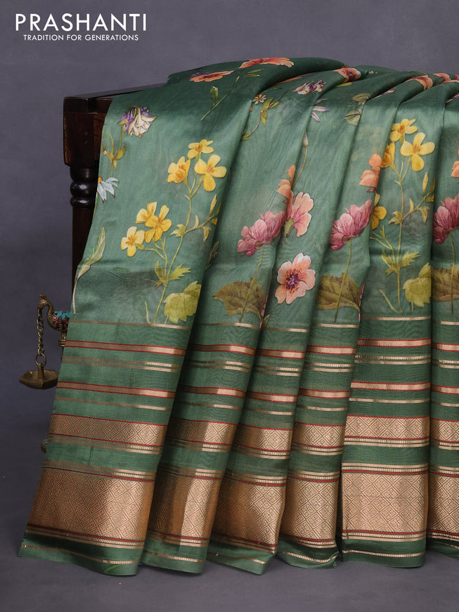 Pure dupion silk saree green with allover floral prints and long zari woven border