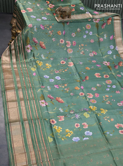 Pure dupion silk saree green with allover floral prints and long zari woven border