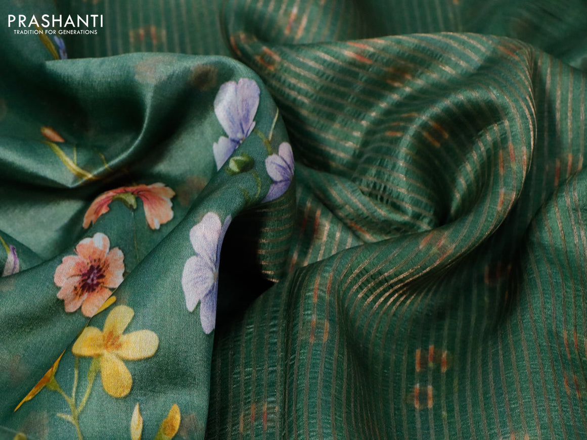 Pure dupion silk saree green with allover floral prints and long zari woven border