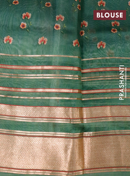 Pure dupion silk saree green with allover floral prints and long zari woven border