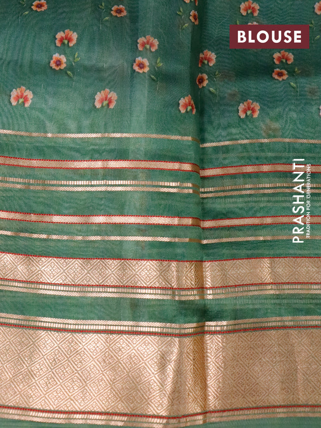 Pure dupion silk saree green with allover floral prints and long zari woven border