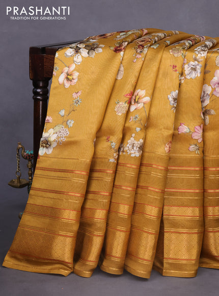 Pure dupion silk saree dark mustard with allover floral prints and long zari woven border