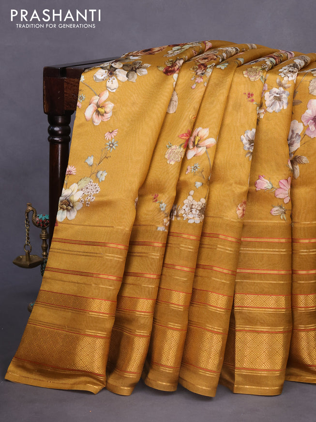 Pure dupion silk saree dark mustard with allover floral prints and long zari woven border