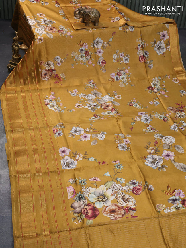 Pure dupion silk saree dark mustard with allover floral prints and long zari woven border