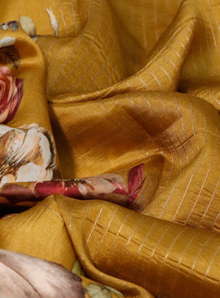 Pure dupion silk saree dark mustard with allover floral prints and long zari woven border