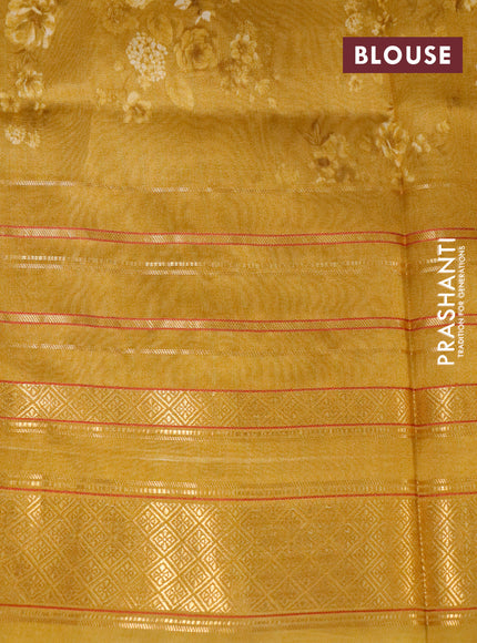 Pure dupion silk saree dark mustard with allover floral prints and long zari woven border